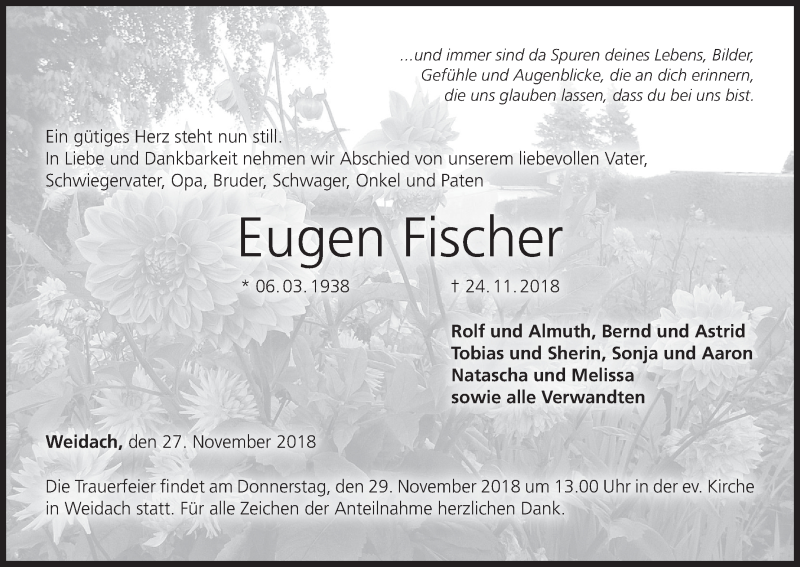  Traueranzeige für Eugen Fischer vom 27.11.2018 aus MGO