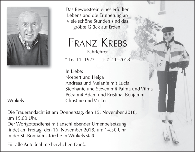  Traueranzeige für Franz Krebs vom 10.11.2018 aus MGO