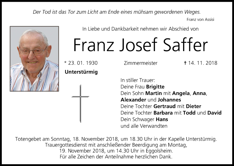  Traueranzeige für Franz Josef Saffer vom 16.11.2018 aus MGO