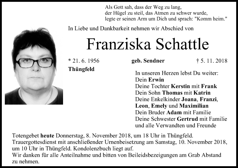  Traueranzeige für Franziska Schattle vom 08.11.2018 aus MGO