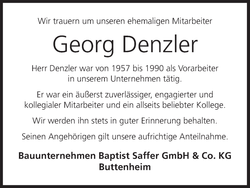  Traueranzeige für Georg Denzler vom 17.11.2018 aus MGO