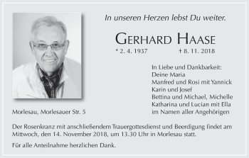 Anzeige von Gerhard Haase von MGO