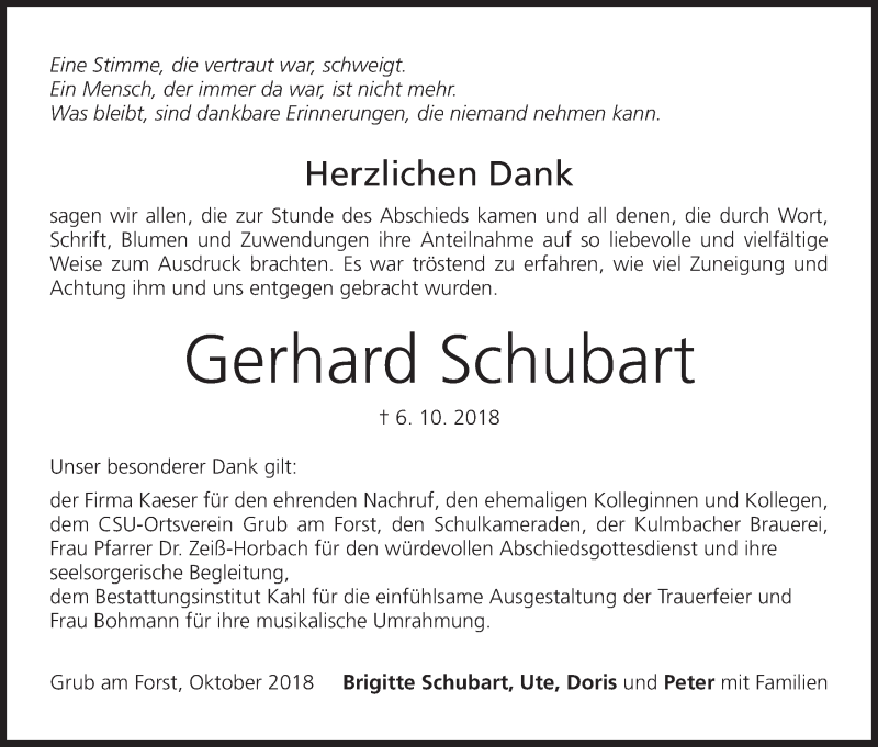  Traueranzeige für Gerhard Schubart vom 03.11.2018 aus MGO