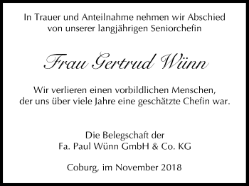 Anzeige von Gertrud Wünn von MGO