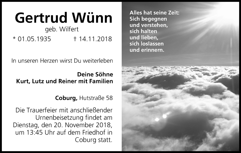  Traueranzeige für Gertrud Wünn vom 17.11.2018 aus MGO