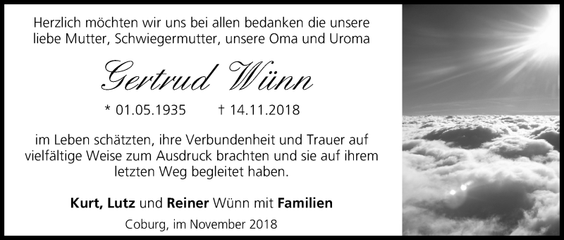  Traueranzeige für Gertrud Wünn vom 24.11.2018 aus MGO