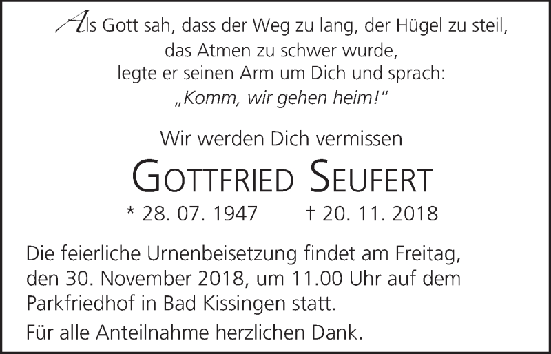  Traueranzeige für Gottfried Seufert vom 28.11.2018 aus MGO