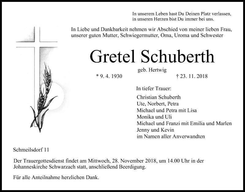  Traueranzeige für Gretel Schuberth vom 26.11.2018 aus MGO