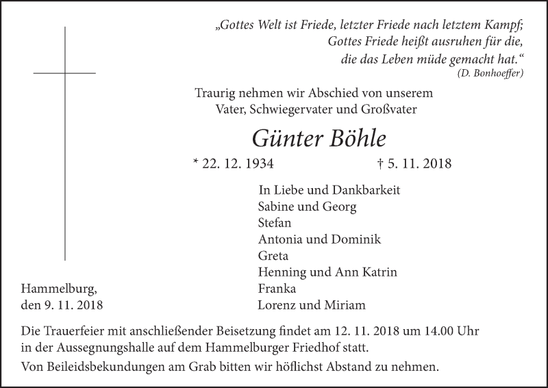  Traueranzeige für Günter Böhle vom 09.11.2018 aus MGO