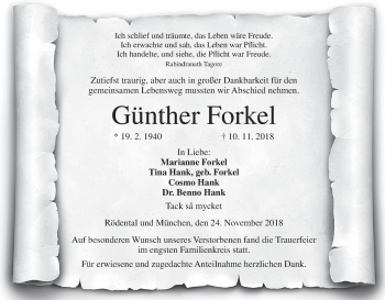 Anzeige von Günther Forkel von MGO