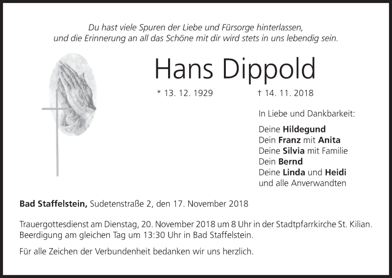  Traueranzeige für Hans Dippold vom 17.11.2018 aus MGO