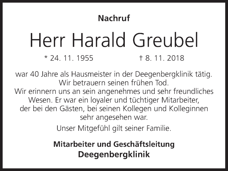 Traueranzeige für Harald Greubel vom 24.11.2018 aus MGO