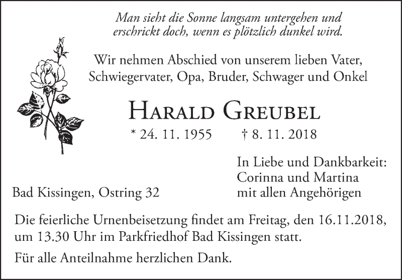  Traueranzeige für Harald Greubel vom 14.11.2018 aus MGO