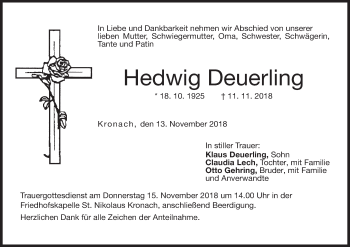 Anzeige von Hedwig Deuerling von MGO