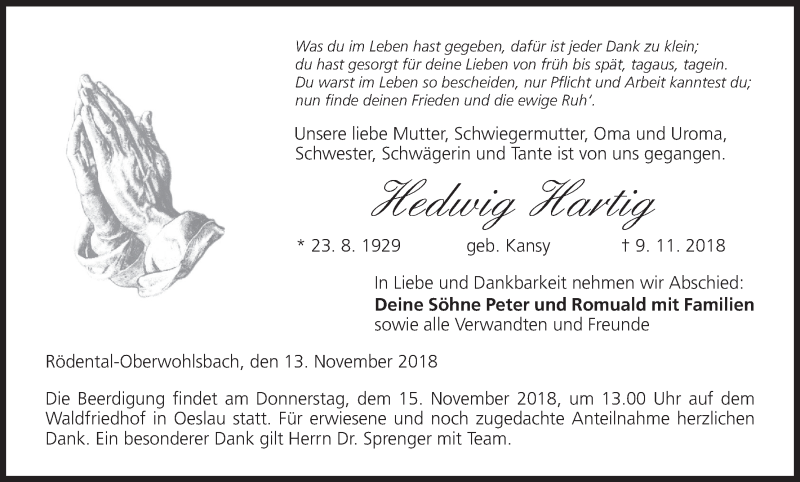  Traueranzeige für Hedwig Hartig vom 13.11.2018 aus MGO