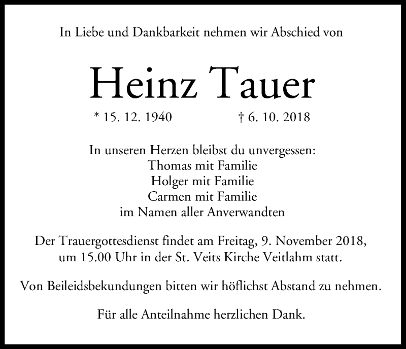  Traueranzeige für Heinz Tauer vom 07.11.2018 aus MGO