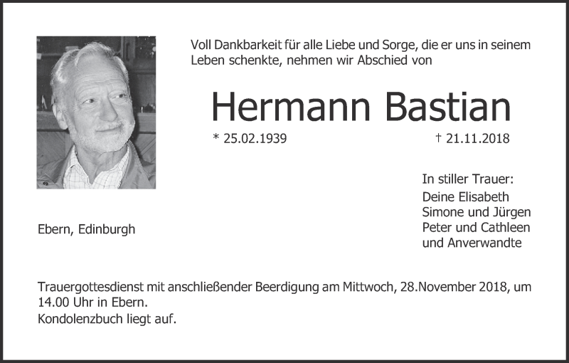  Traueranzeige für Hermann Bastian vom 24.11.2018 aus MGO