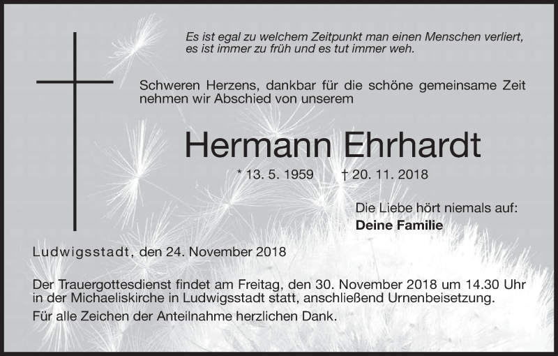  Traueranzeige für Hermann Ehrhardt vom 24.11.2018 aus MGO