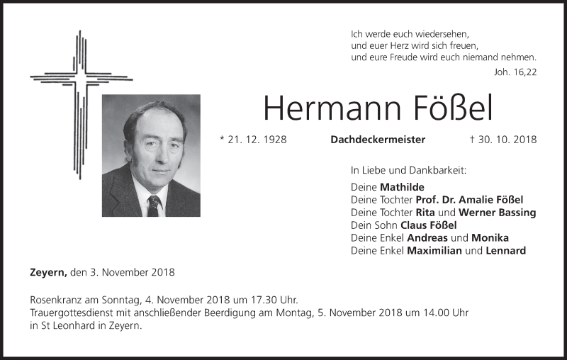  Traueranzeige für Hermann Fößel vom 03.11.2018 aus MGO