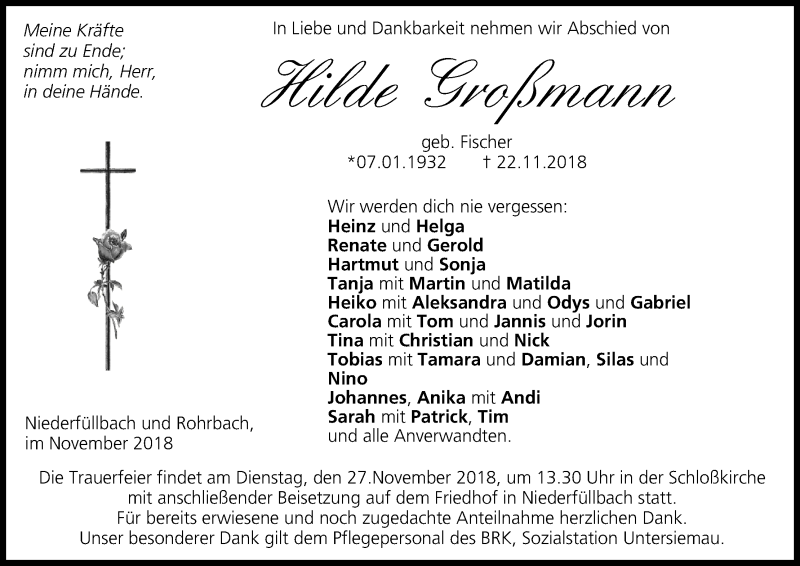  Traueranzeige für Hilde Großmann vom 24.11.2018 aus MGO
