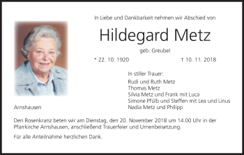 Anzeige von Hildegard Metz von MGO