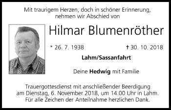 Anzeige von Hilmar Blumenröther von MGO
