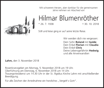 Anzeige von Hilmar Blumenröther von MGO
