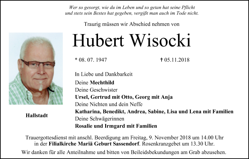  Traueranzeige für Hubert Wisocki vom 07.11.2018 aus MGO