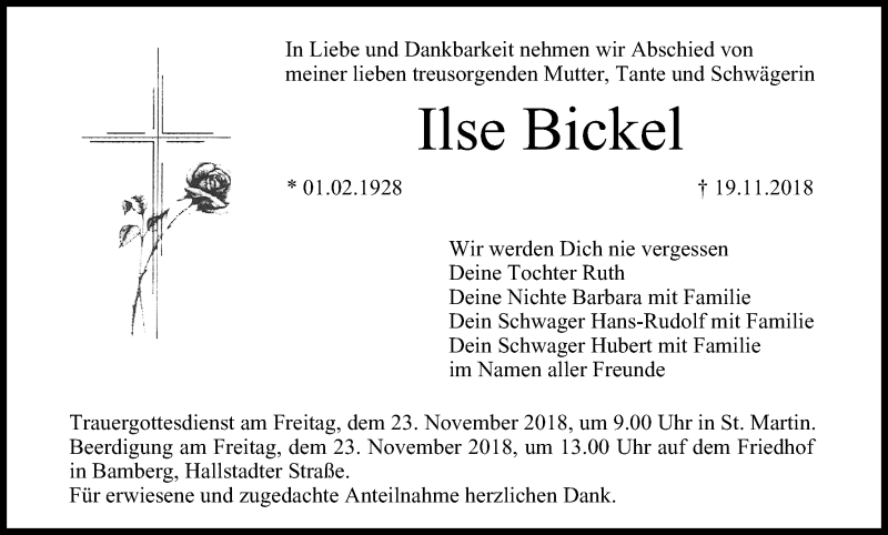  Traueranzeige für Ilse Bickel vom 22.11.2018 aus MGO