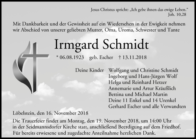  Traueranzeige für Irmgard Schmidt vom 16.11.2018 aus MGO