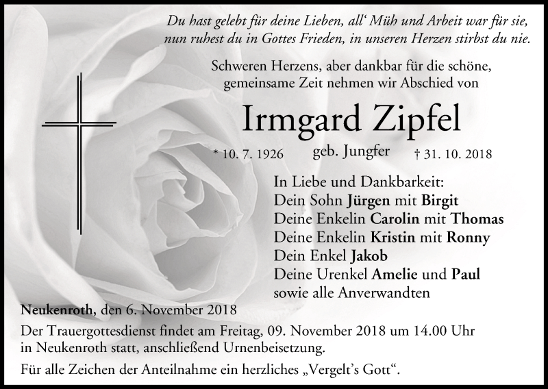  Traueranzeige für Irmgard Zipfel vom 06.11.2018 aus MGO