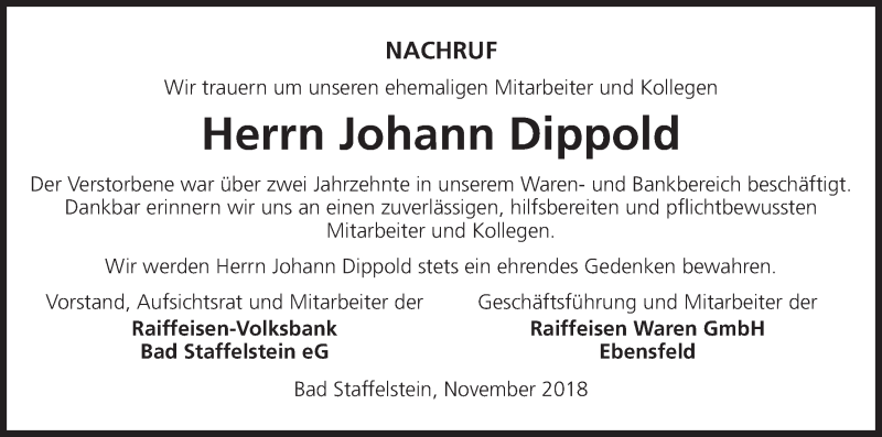  Traueranzeige für Johann Dippold vom 20.11.2018 aus MGO