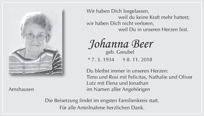 Traueranzeige für Johanna Beer vom 13.11.2018 aus MGO