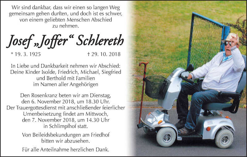  Traueranzeige für Josef Schlereth vom 03.11.2018 aus MGO
