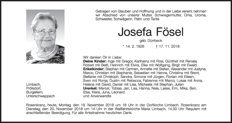  Traueranzeige für Josefa Fösel vom 19.11.2018 aus MGO