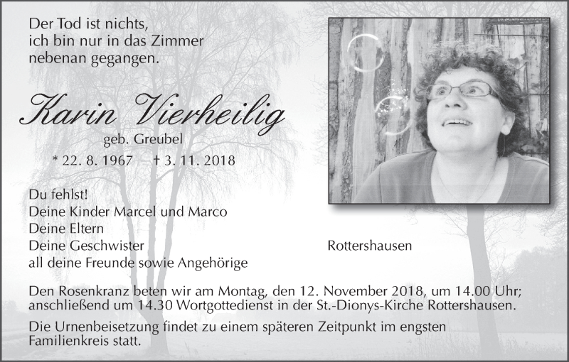  Traueranzeige für Karin Vierheilig vom 08.11.2018 aus MGO