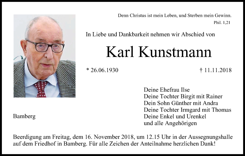  Traueranzeige für Karl Kunstmann vom 14.11.2018 aus MGO