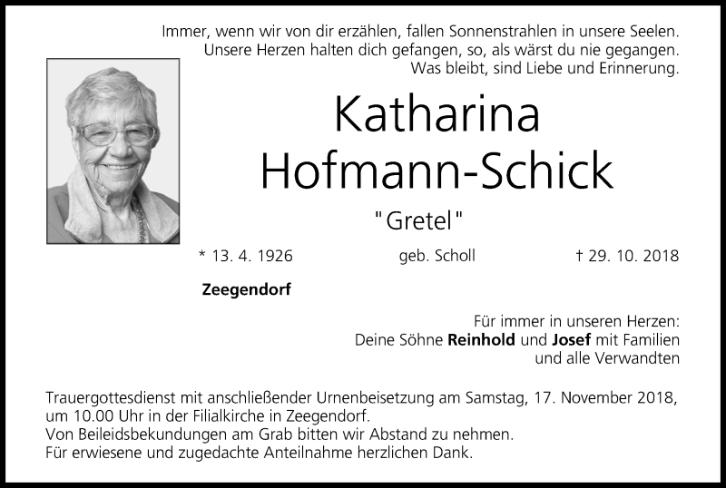  Traueranzeige für Katharina Hofmann-Schick vom 10.11.2018 aus MGO
