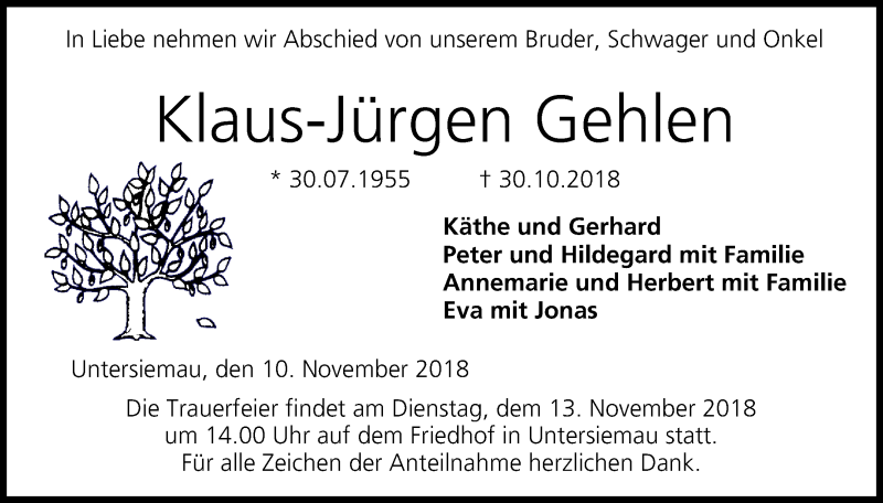  Traueranzeige für Klaus-Jürgen Gehlen vom 10.11.2018 aus MGO