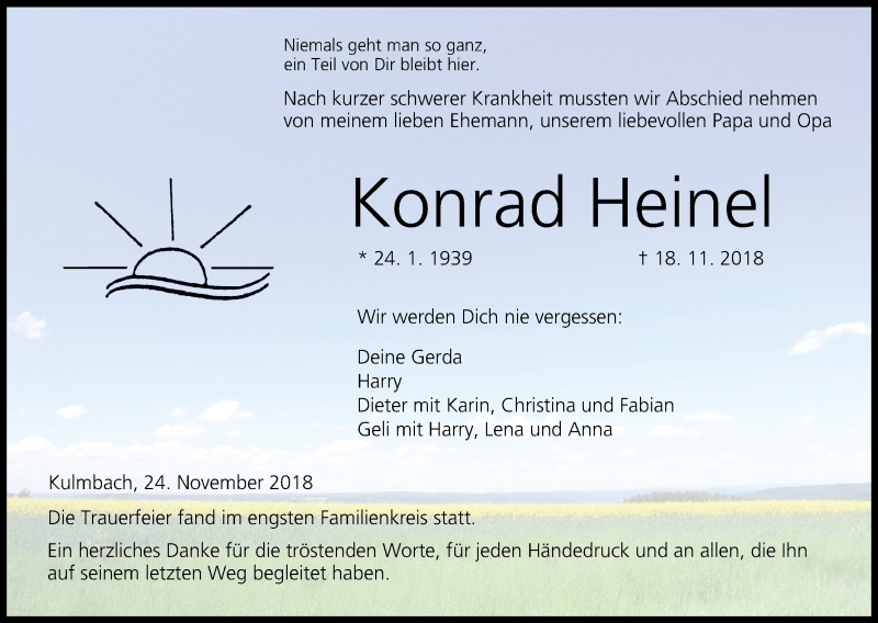  Traueranzeige für Konrad Heinel vom 24.11.2018 aus MGO
