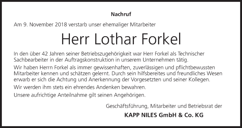  Traueranzeige für Lothar Forkel vom 16.11.2018 aus MGO