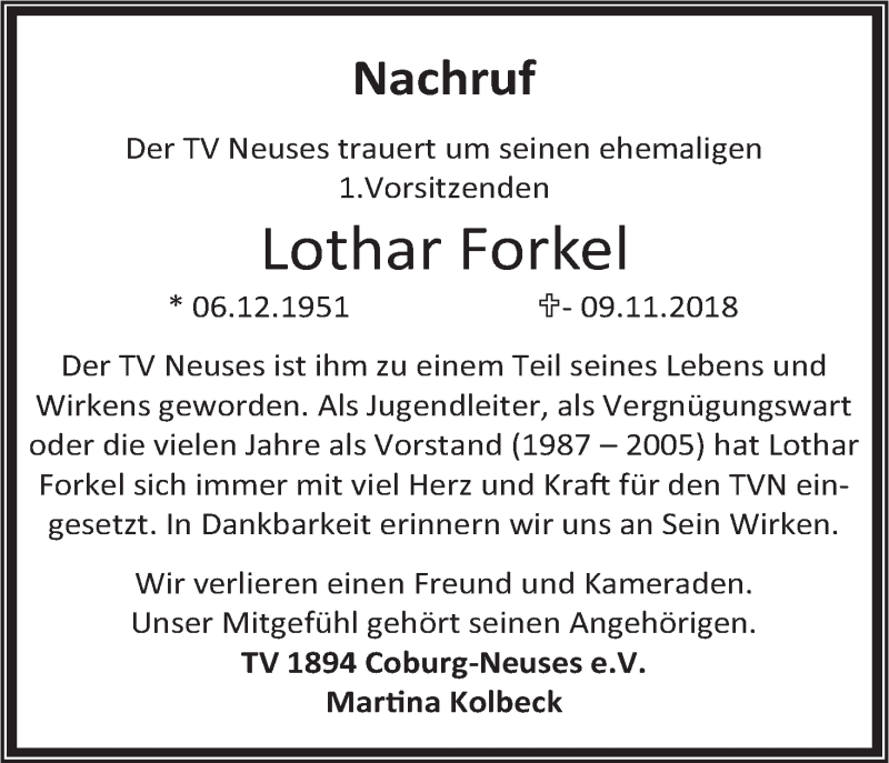  Traueranzeige für Lothar Forkel vom 14.11.2018 aus MGO