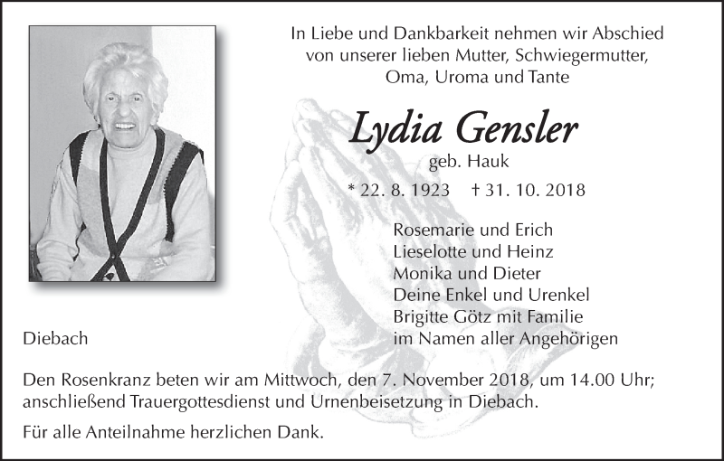  Traueranzeige für Lydia Gensler vom 05.11.2018 aus MGO