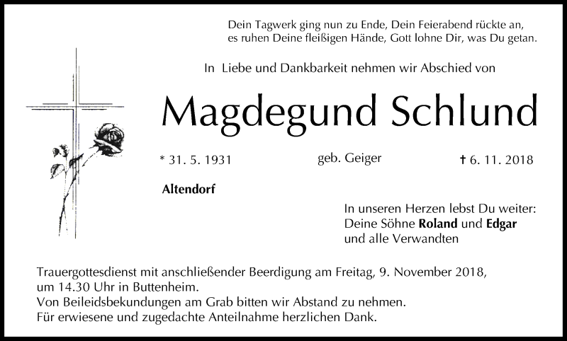  Traueranzeige für Magdegund Schlund vom 07.11.2018 aus MGO