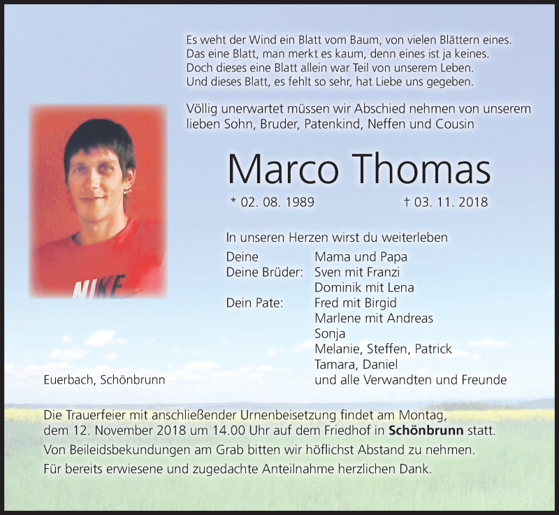  Traueranzeige für Marco Thomas vom 09.11.2018 aus MGO