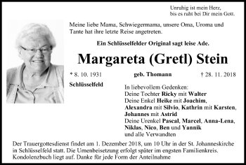 Anzeige von Margareta Stein von MGO