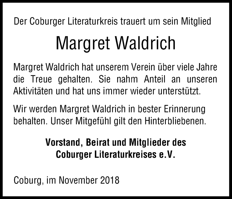 Traueranzeige für Margret Waldrich vom 10.11.2018 aus MGO