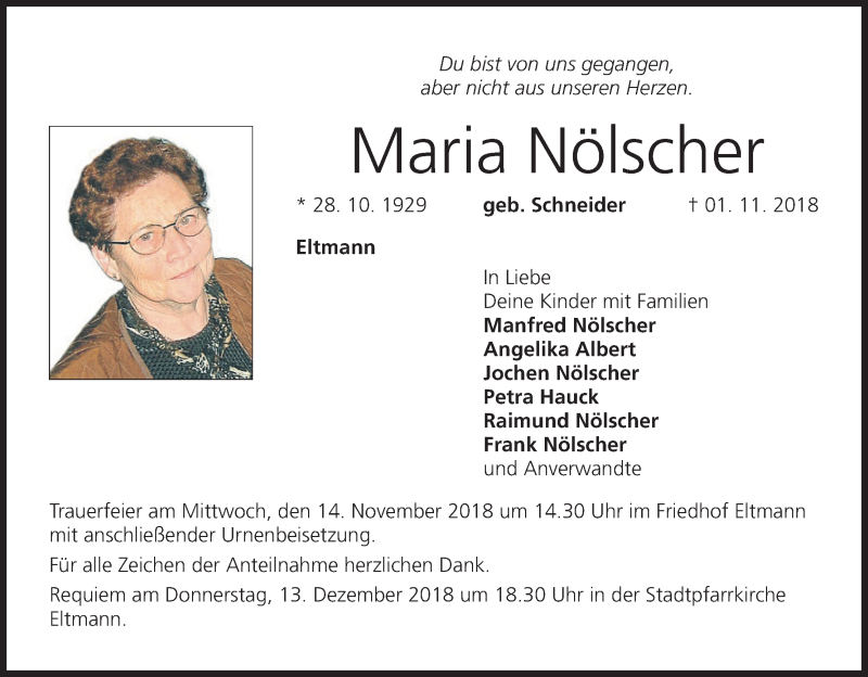 Traueranzeige für Maria Nölscher vom 10.11.2018 aus MGO