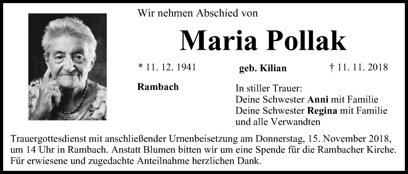  Traueranzeige für Maria Pollak vom 14.11.2018 aus MGO