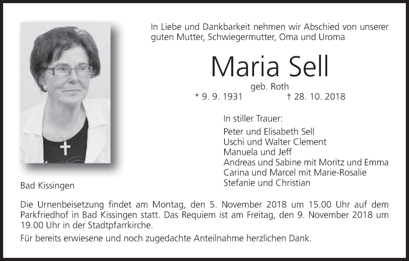  Traueranzeige für Maria Sell vom 03.11.2018 aus MGO